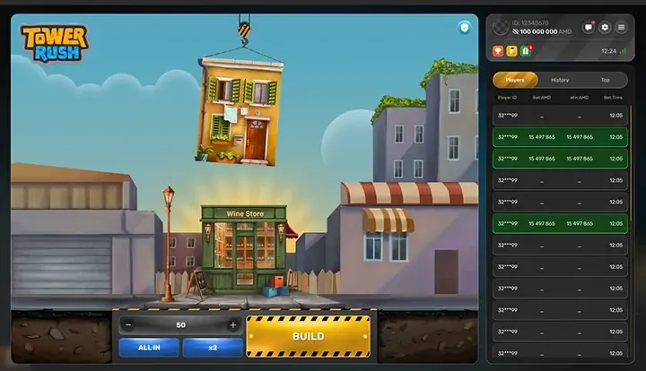 Tower Rush Game — Crash-Spiel mit Κατασκευή Πύργου und Multiplikatoren für Österreich